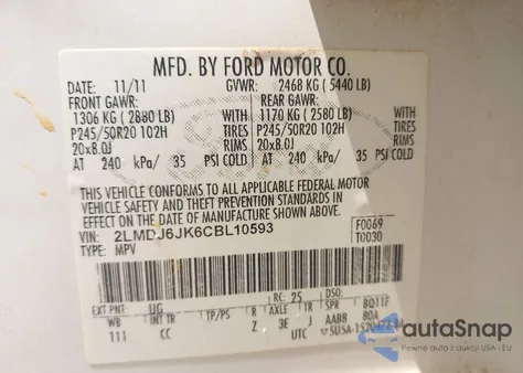 2012 Lincoln Mkx z USA, uszkodzony, nr VIN 2LMDJ6JK6CBL10593